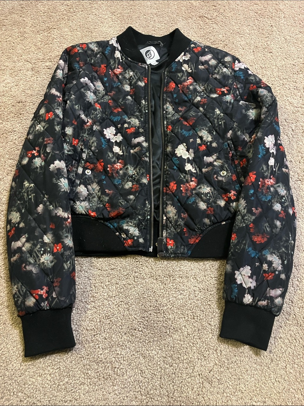 Girls' Black Floral Quilted Bomber Jacket